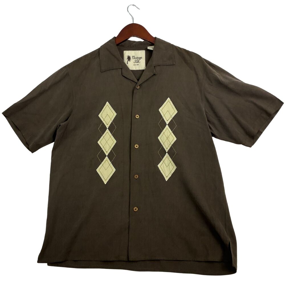 Vintage Silk Mens M Brown Argyle Embroidered Button Up Camp Shirt 100% Silk
